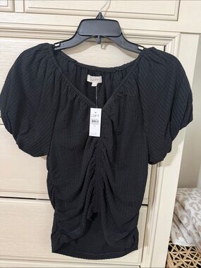 LOFT Black Puff Sleeve Ruched Front Blouse Medium